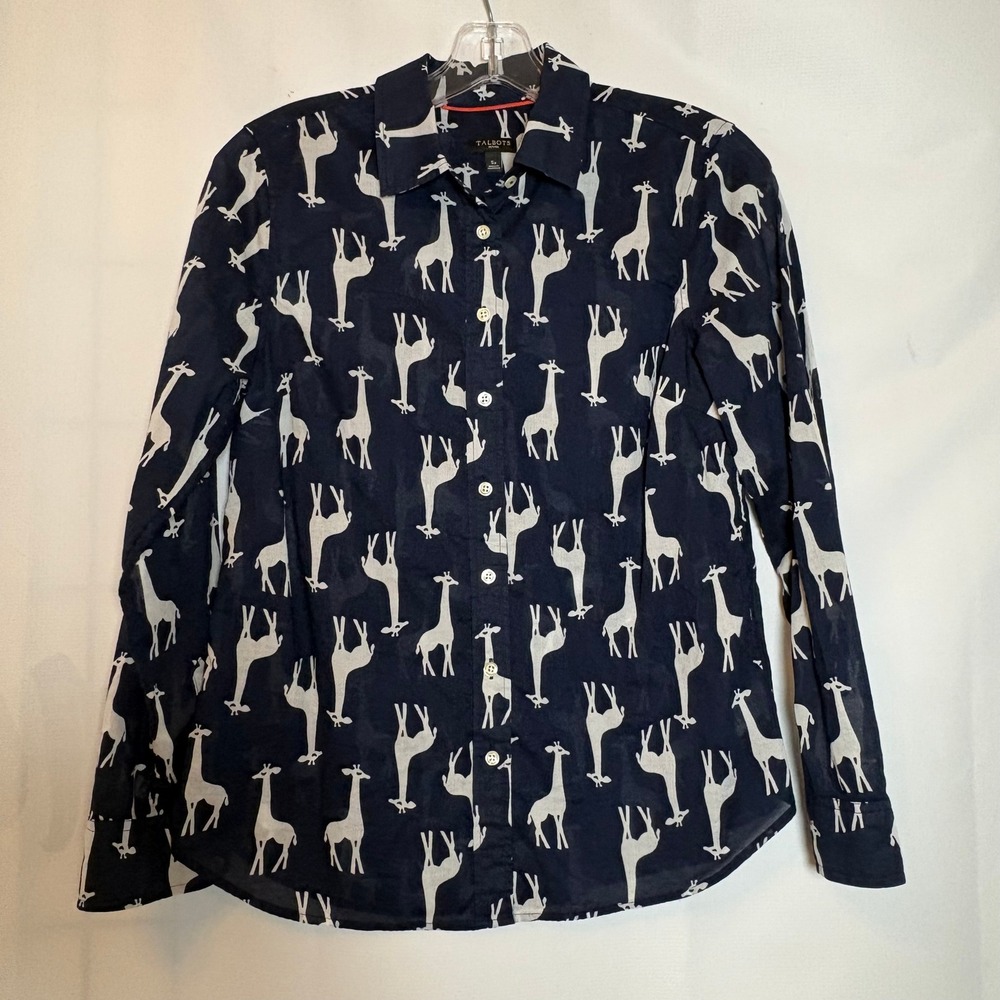 Talbots Petite Womens‎ Navy Giraffe Print Long Sleeve Button Down Shirt Size SP